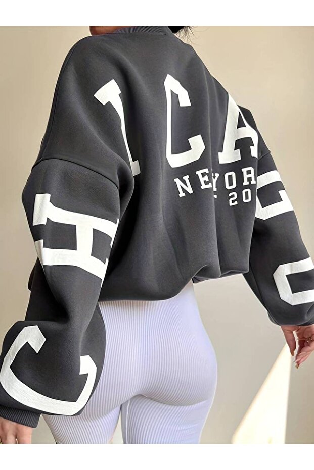 Unisex Plus Size Chicago Printed Crew Neck Oversize Sweatshirt Hoodie