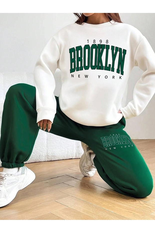 Unisex Men's Women's Brooklyn Printed Oversize 3 Thread Crew Neck Tracksuit Set