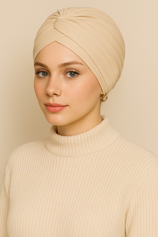 Beige Women's Cross Bonnet, Ready Turban Bonnet, Ready Hijab Bonnet