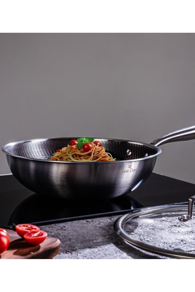 Steel Fusion 28 cm Induction Base Stainless Steel Wok Pan with Glass Lid