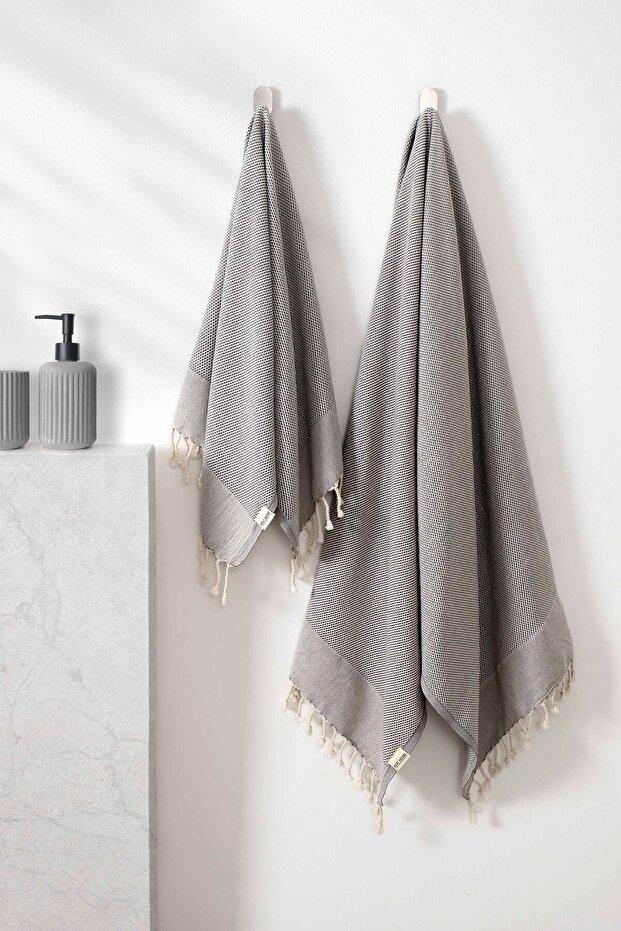 Retro Peşkir & Anthracite Peshtamal Set – 100% Cotton 60X110 cm & 90X175 cm