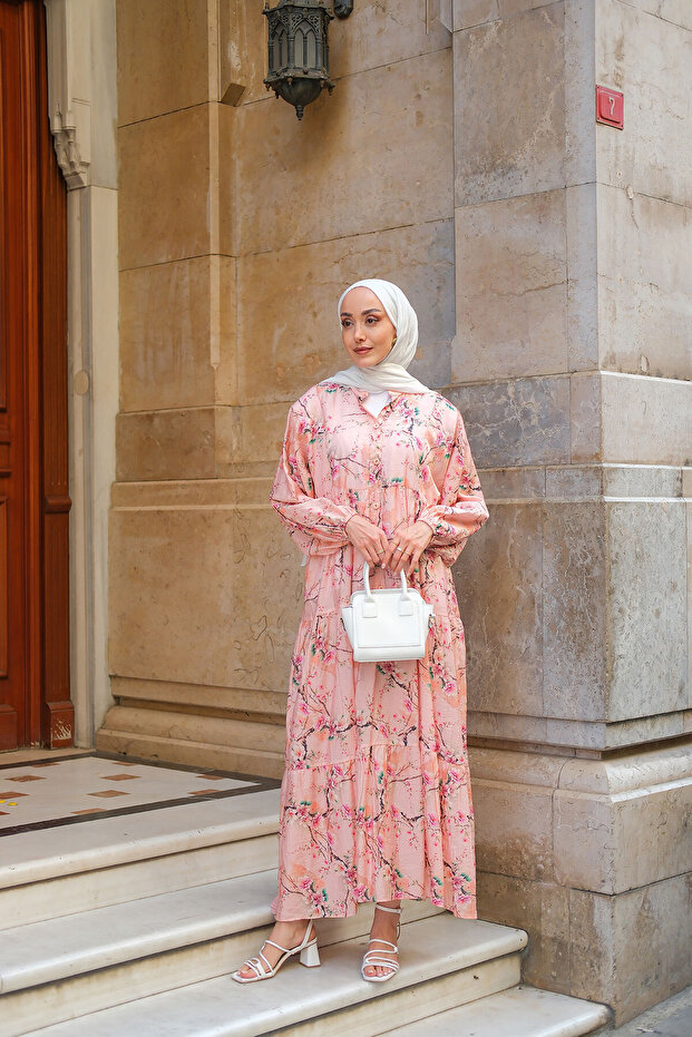 Kadın Sakura Çiçeği Desenli Elbise Pembe - 4