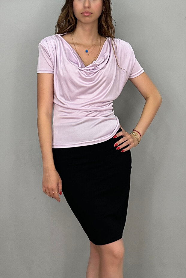 Women's Sandy Padded Shoulder Pleated Short Sleeve Blouse Lilac Color