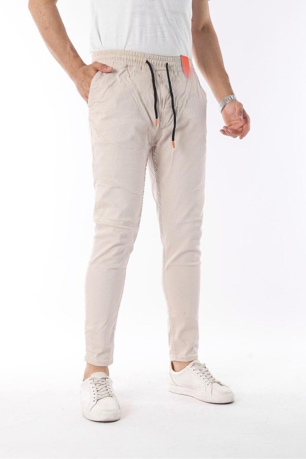 Men's Elastic Regular Fit Jeans Gabardine Trousers Cream