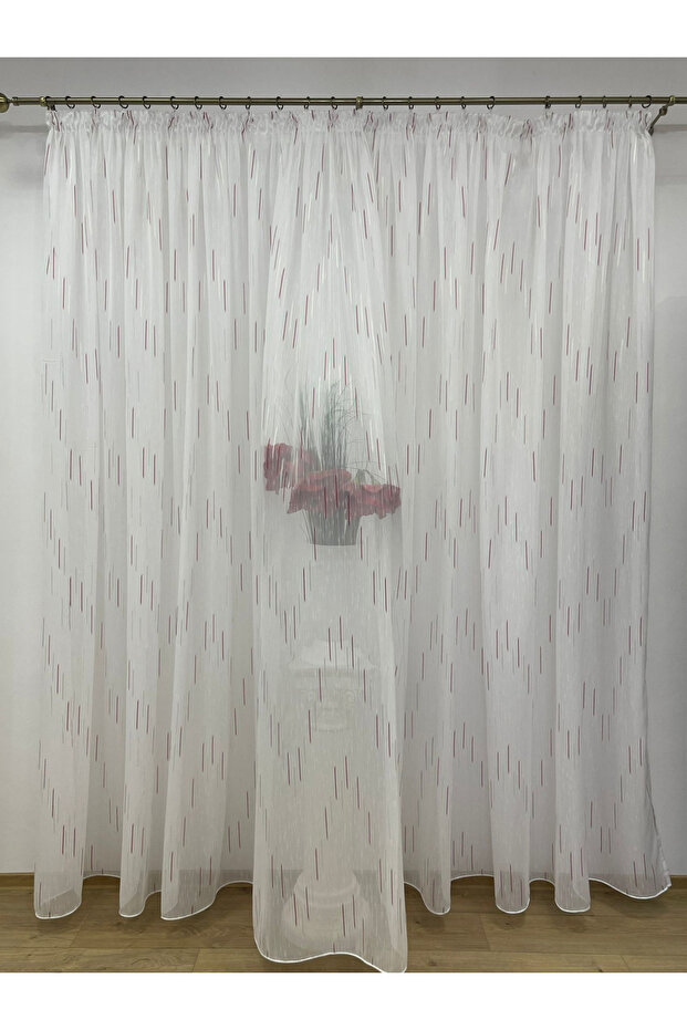 White curtain, mechanically embroidered, with rejansa, white/red, "Game of lines" by Liz Line PD055 - 3