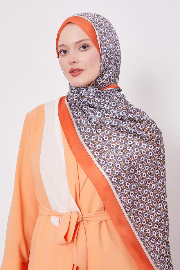 Oranj Kare Desen Hint İpeği Şal - 2