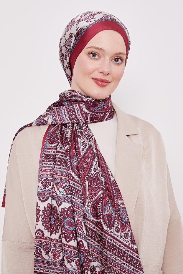 Kırmızı Sarmal Desen Hint İpeği Şal - 3