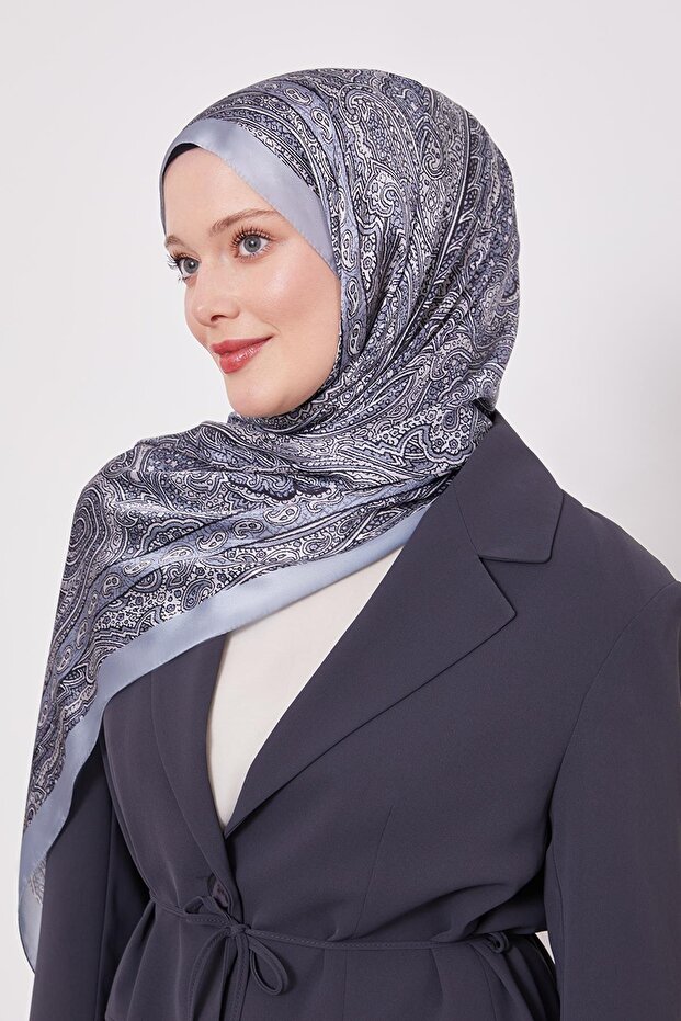 Buz Mavisi Kenar Desen Hint İpeği Şal - 2