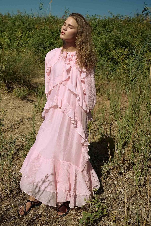 Volan Detaylı Soft Pembe Elbise - 1