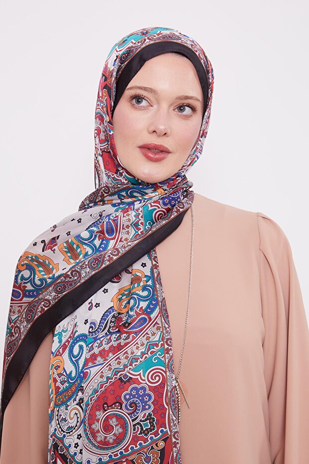 Siyah-Kırmızı Karışık Desenal Hint İpeği Şal - 1