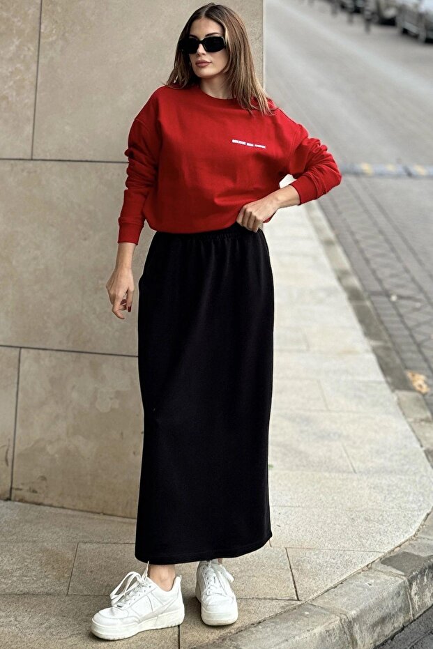 Women's Black Elastic Waist, Comfortable Fit, Long Skirt with Pockets