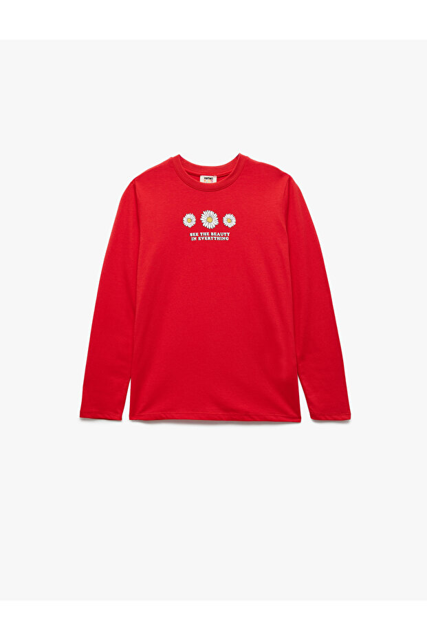 Long Sleeve Crew Neck Floral Printed Cotton T-Shirt