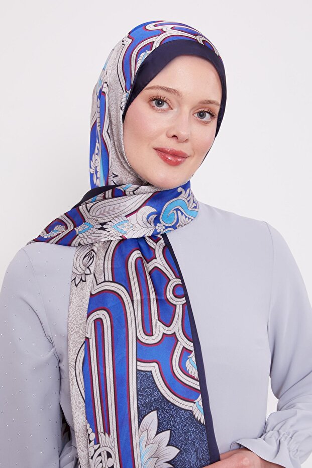Lacivert Baroklu Hint İpeği Şal - 3