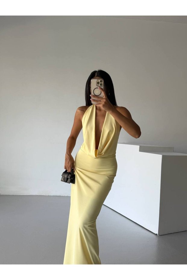 New Season Shawl Collar Lycra Stretch Fabric Low-Cut Detailed Women's Maxi Dress 52225052