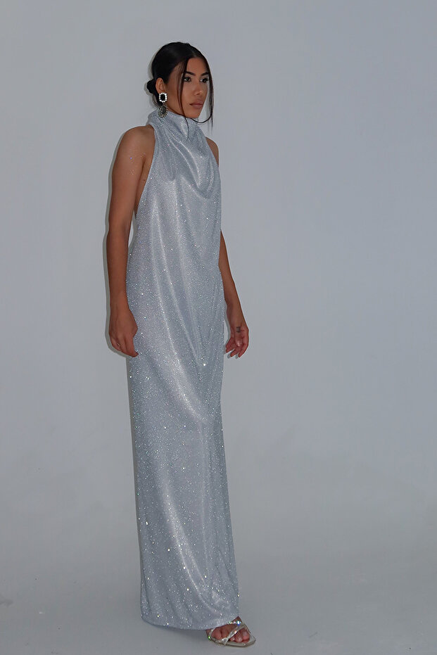 Simli Boğazlı degaje mavi boy elbise - 1