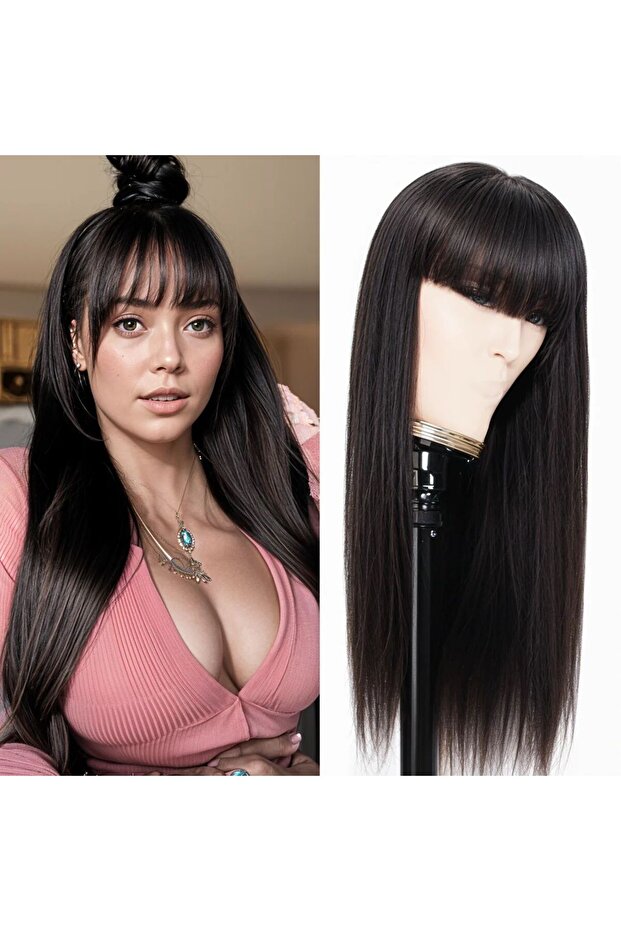 Full bangs black long straight hair wig headgear for women
