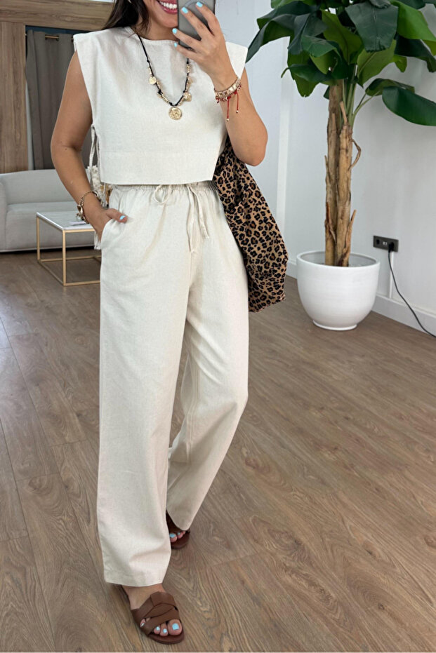 100% Linen Cropped Pants Suit with Binding Detail Cr4012