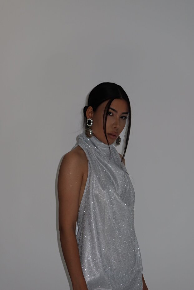 Simli Boğazlı degaje mavi boy elbise - 3