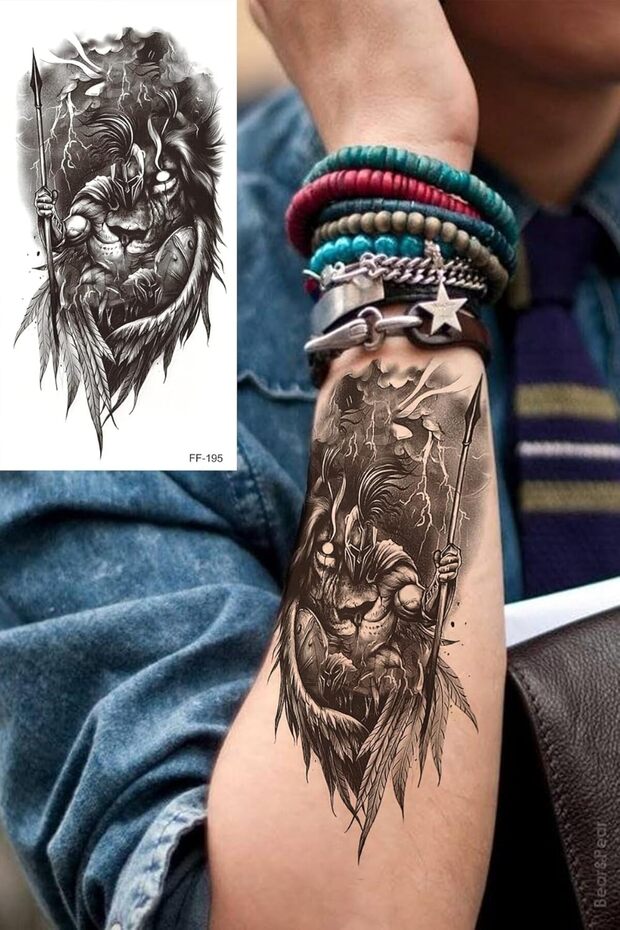 BearPear Gladyatör Dövmesi, Aslan Dövmesi, Savaşçı Dövmesi, Geçici Dövme Tattoo, Erkek Geçici Dövme, - 1