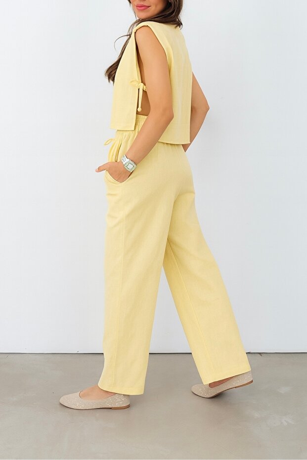 100% Linen Cropped Pants Suit with Binding Detail Cr4012