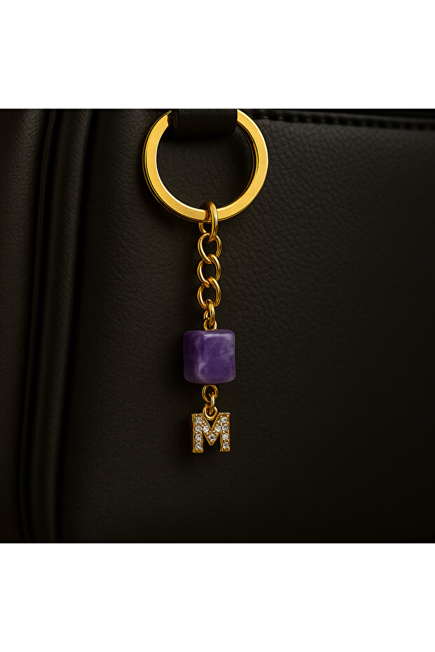 Gold Color Stone m Letter Purple Amethyst Stone Keychain Charm