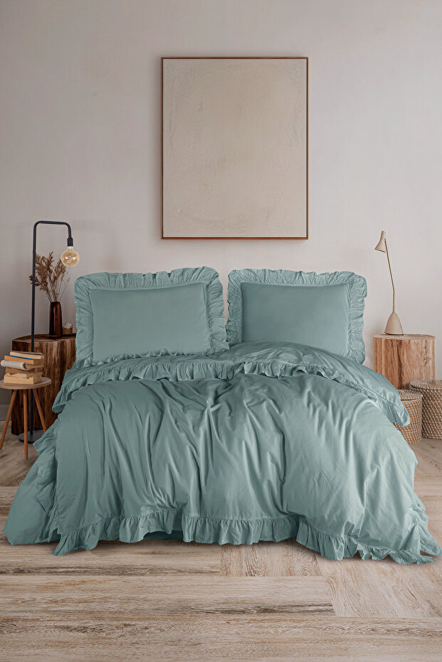 Ruffled Stonwashed Double Duvet Cover Set 100% Cotton