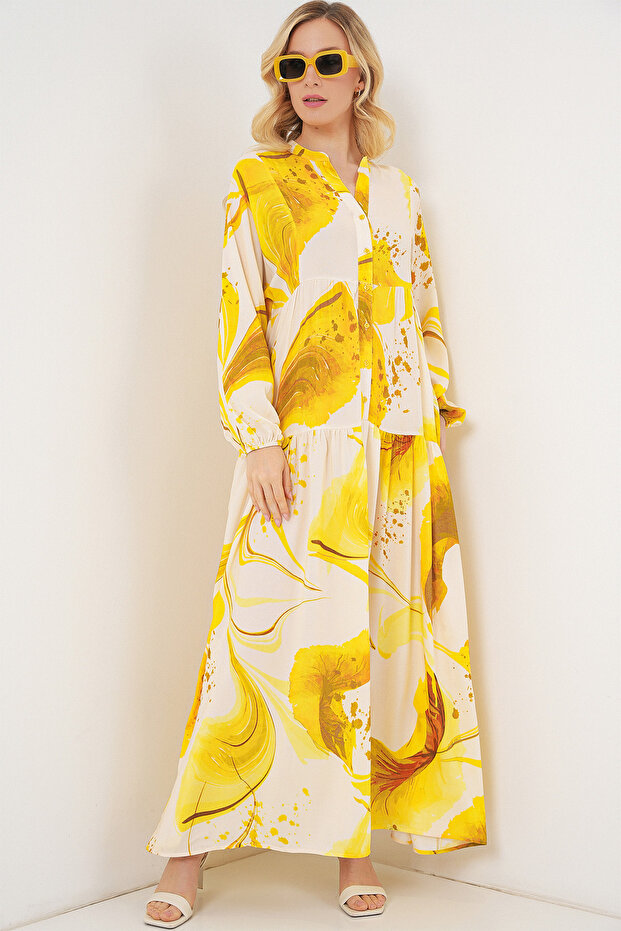 Women's Patterned Long Hijab Dress Yellow 1155