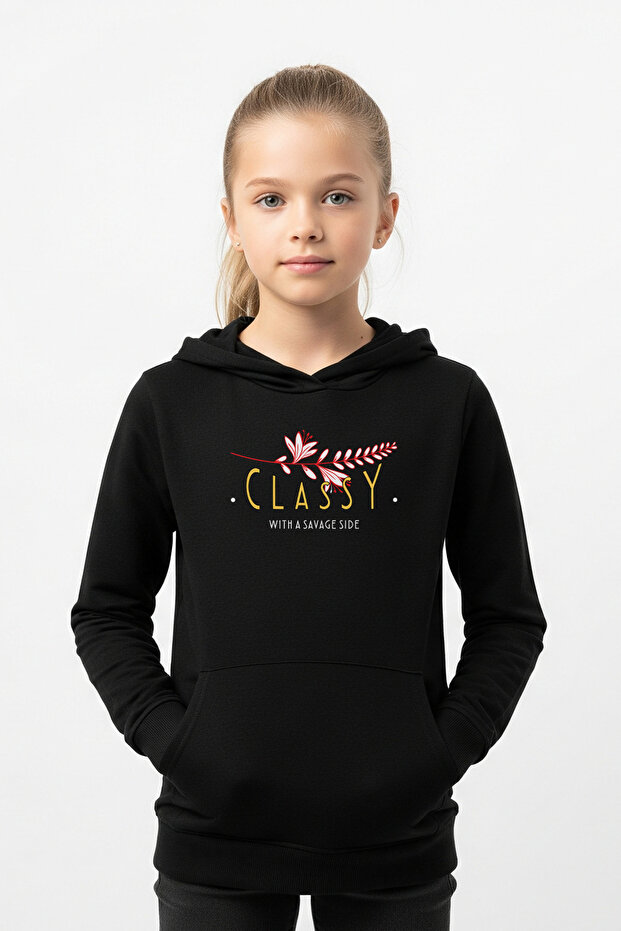 Kangaroo Pocket Hooded Girl's Sweatshirt Classy Writing Printed