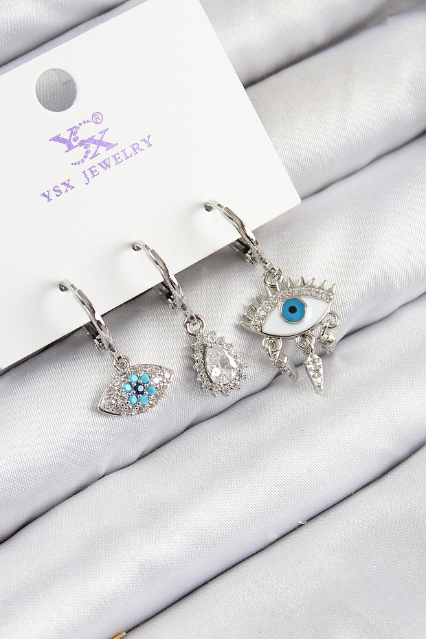 Brass Zircon Stone 3-Piece Fatma's Eye Model Silver Color Women's Earrings