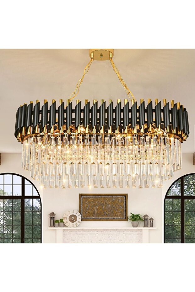 Modern Luxury Crystal Pendant Light – Black & Gold 3-Tier Raindrop Chandelier