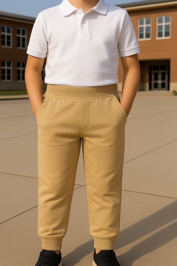 Children's Beige Ribbed Waist Elastic Cuff Combed Cotton Trousers