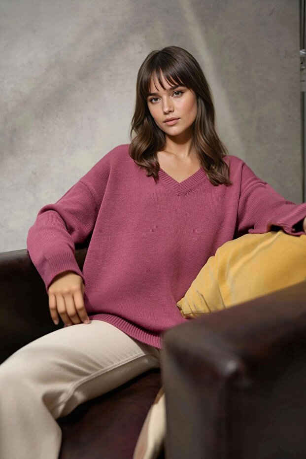 Kalın Örme V-Yaka Kazak - 4