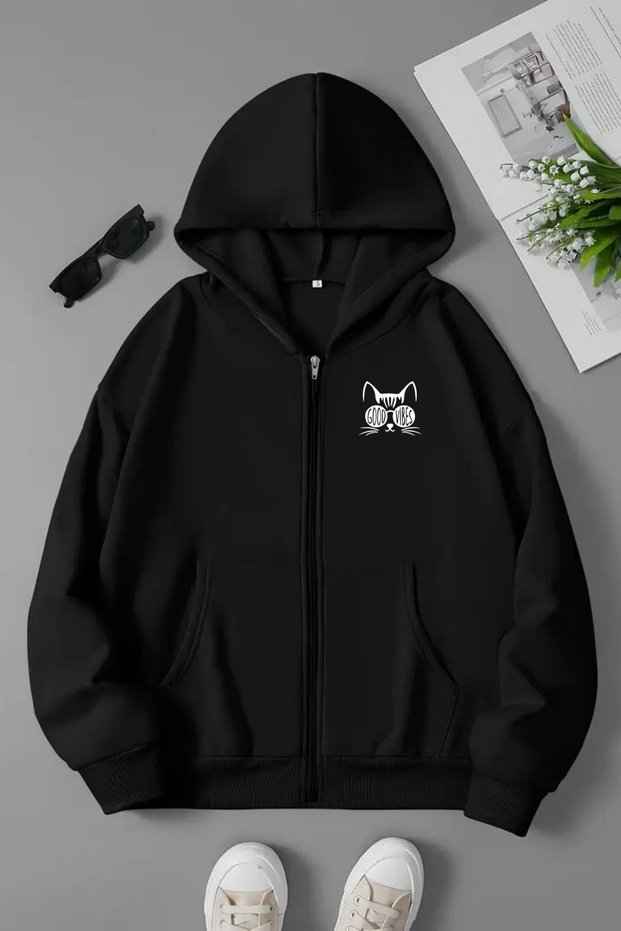 Unisex Black Hooded Zippered Sweatshirt – Good Vibe Kitten Printed, Thick Fabric with Hood
