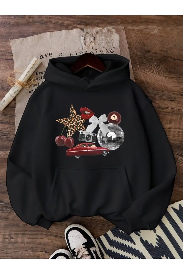 Vintage Car Disco Ball Cherry Printed Oversize Unisex Hooded Sweatshirt