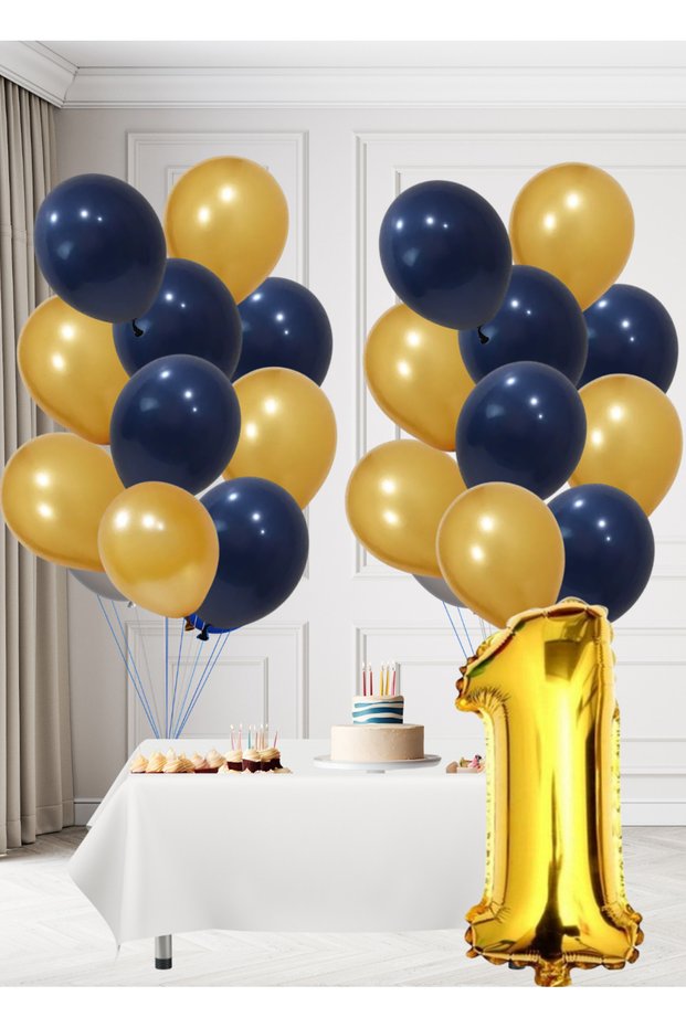 1 Year Old Yellow Navy Blue Fan Themed Birthday Set Gold Cosmic Navy Blue Balloons Gold Foil Number