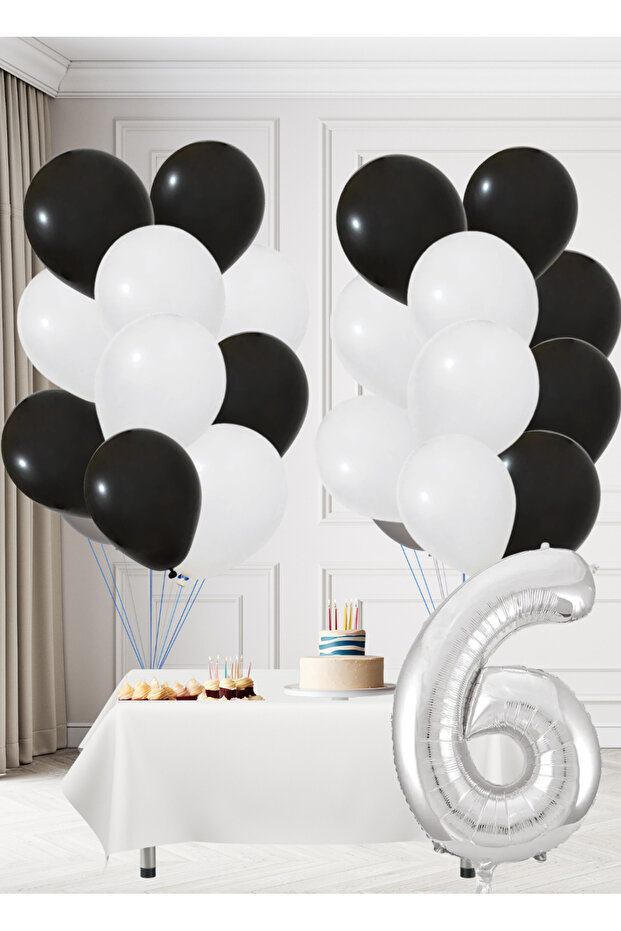 6 Year Old Black and White Fan Themed Birthday Set Black and White Balloons Silver Foil Number
