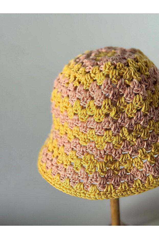 2 Renkli Yazlık Örgü Şapka, Kroşe Şapka Sarı - 4