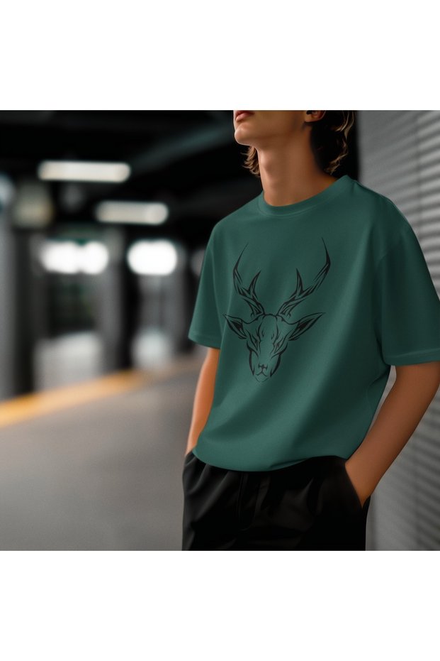 Girl/Woman Black Deer Transfer Printed Round Neck Short Sleeve T-Shirt