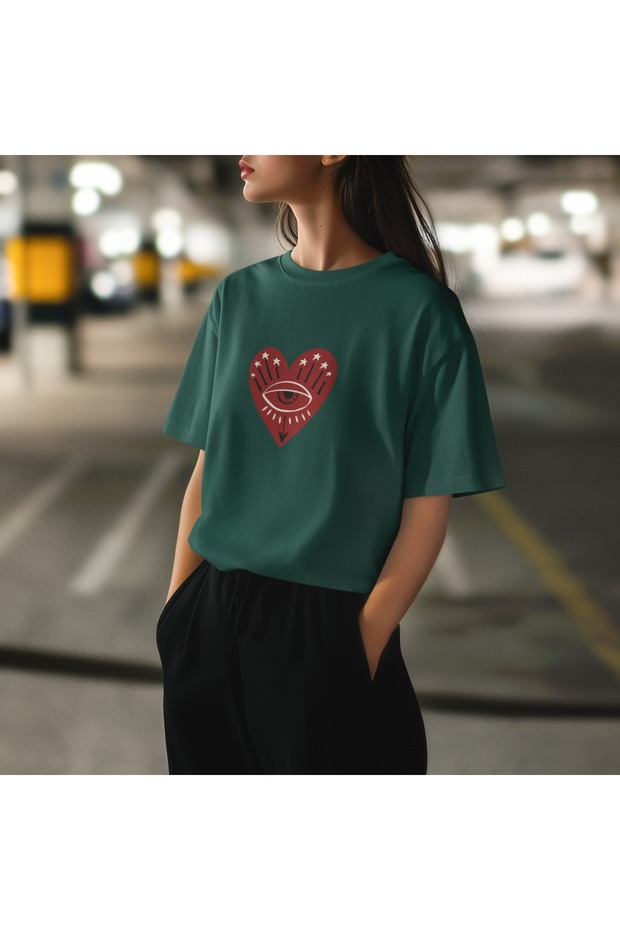 Girl/Women Heart Transfer Printed Round Neck Short Sleeve T-Shirt