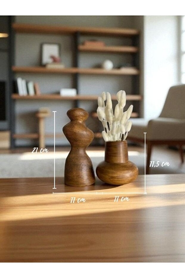 2'li Ahşap Desenli Hm Bohem Vazo Set, İskandinav Şamdan - 3