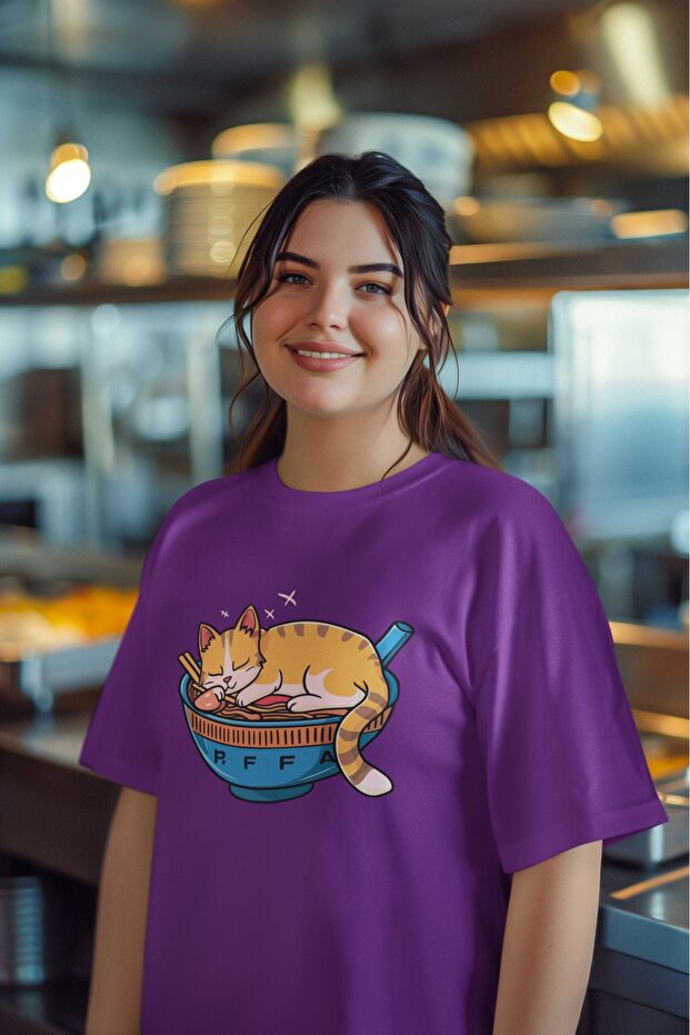 Girl/Women Sushi Cat Transfer Printed Round Neck Short Sleeve T-Shirt
