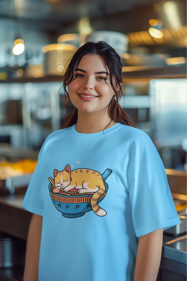 Girl/Women Sushi Cat Transfer Printed Round Neck Short Sleeve T-Shirt