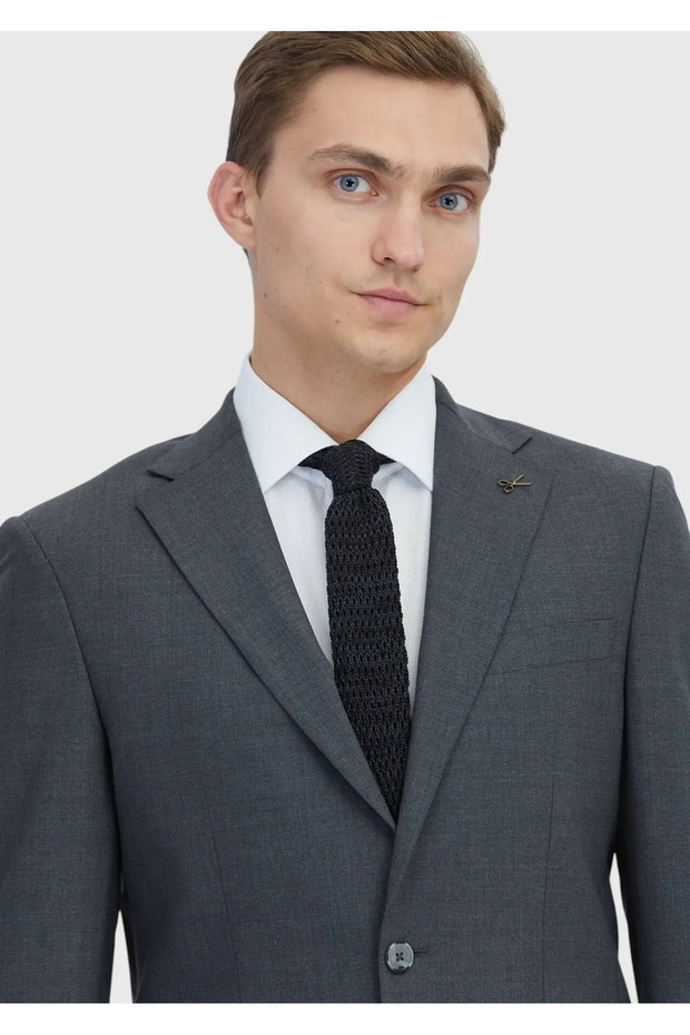 Koyu Gri Mikro Modern Fit Yün Karışımlı Takım Elbise - 3