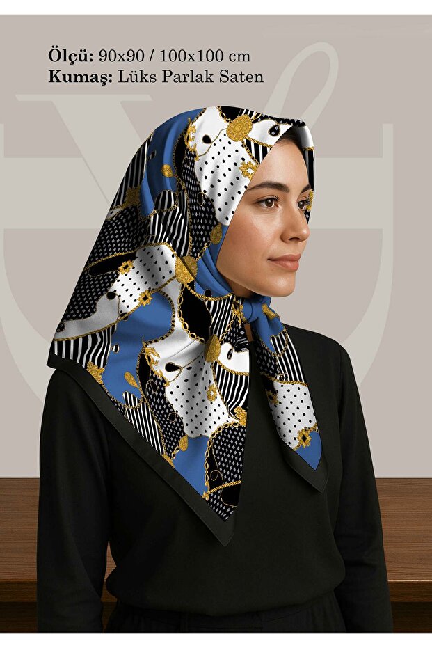 وشاح منقوش بسلسلة باللونين الأزرق والأسود | 90x90 - 100x100 سم | قماش الساتان اللامع الفاخر