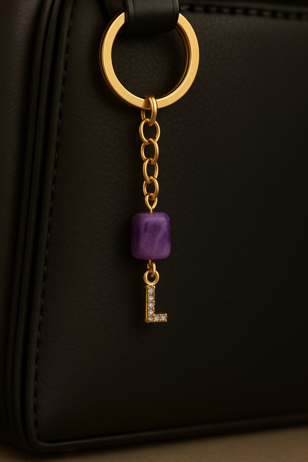 Gold Color Stone L Letter Purple Amethyst Stone Keychain Charm