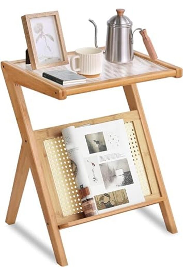 FFD Wooden End Table - 50x56x36cm - Bamboo Side Table with Storage - Small Coffee Table