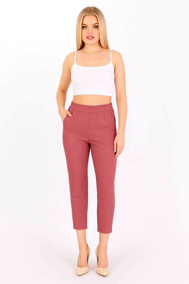 Women's Dusty Rose Double Pocket Tight Leg Bell Pants with Elastic Waist