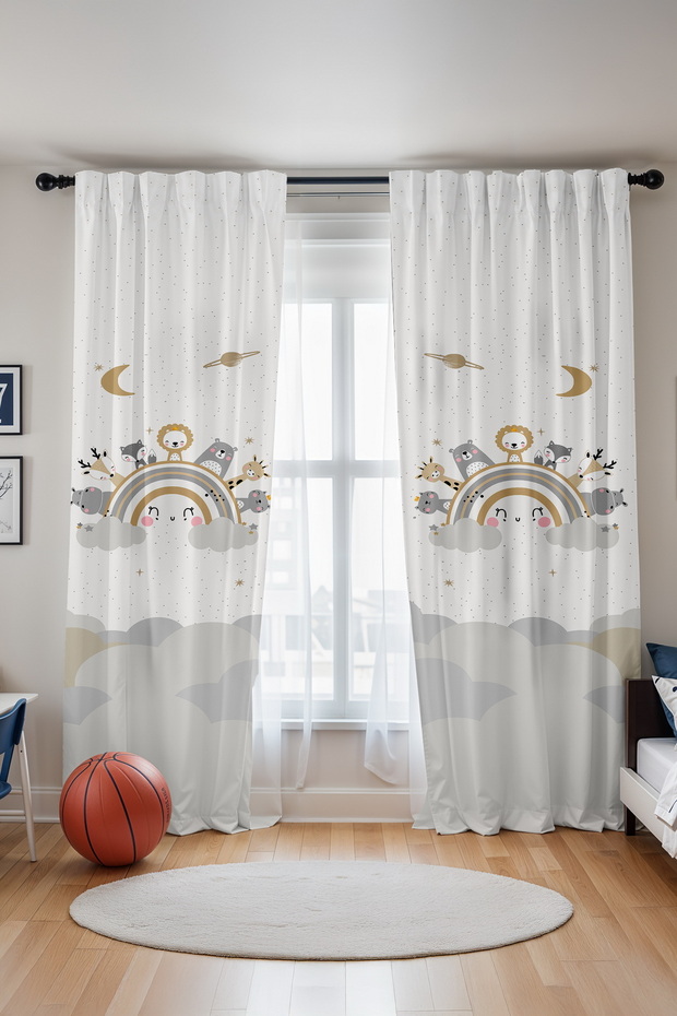 Smiling Rainbow Safari Patterned Children's Baby Room Background Curtain (Single Wing Pricing)