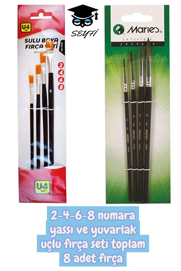 2-4-6-8 numara yassı ve yuvarlak uçlu fırça seti toplam 8 adet fırça - 1
