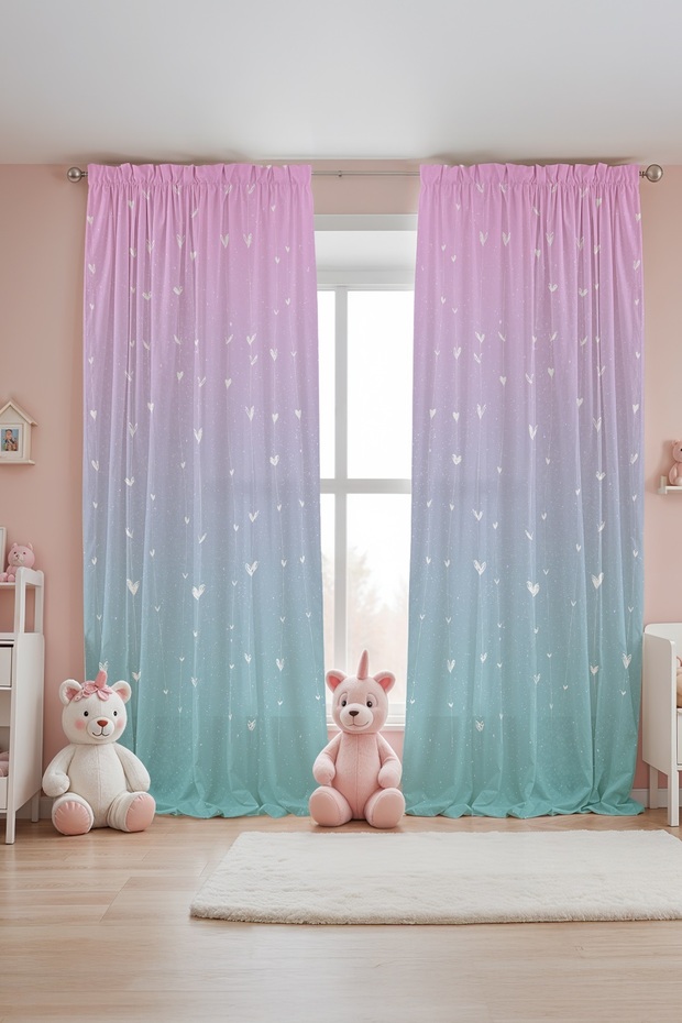 Pink Blue Hearts Patterned Children's Baby Room Background Curtain (Single Wing Pricing)
